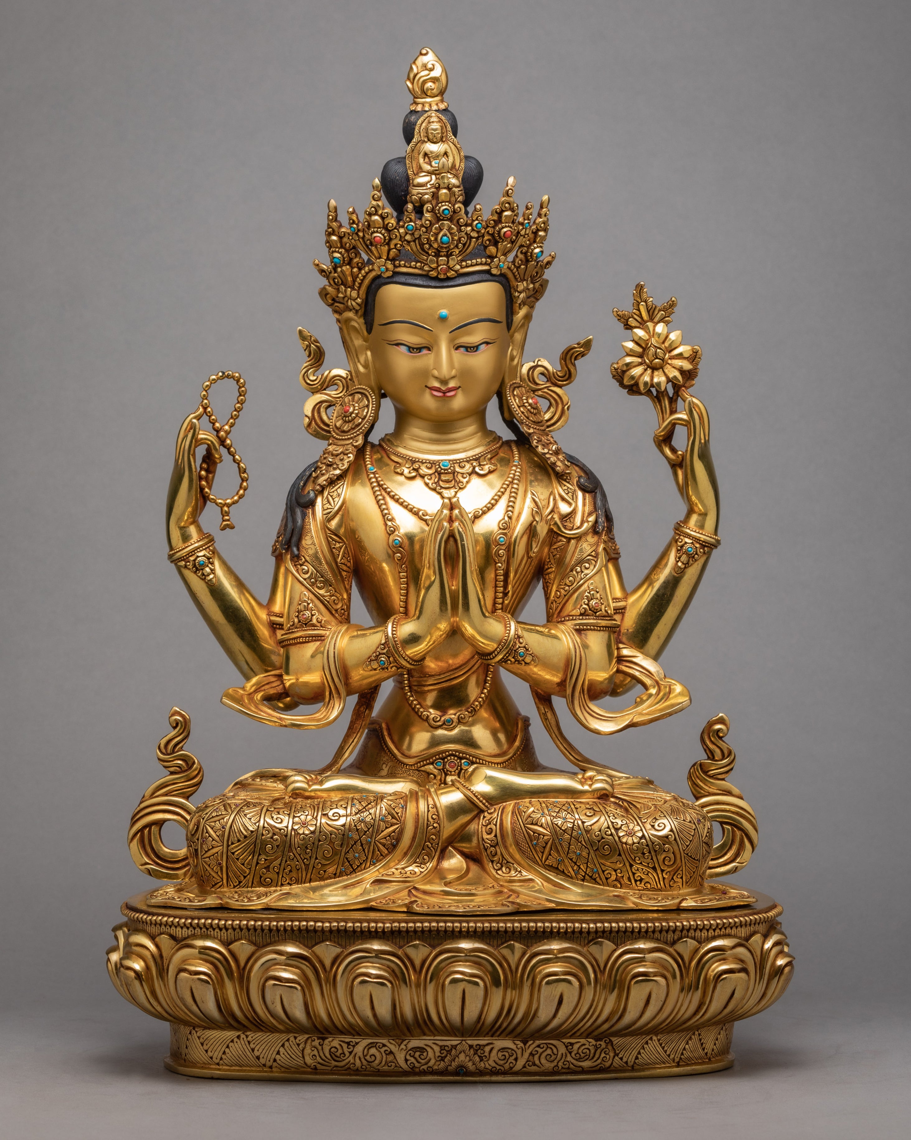 Four-Armed Chenrezig Statue | Gold Plated Bodhisattva | Himalayan Art