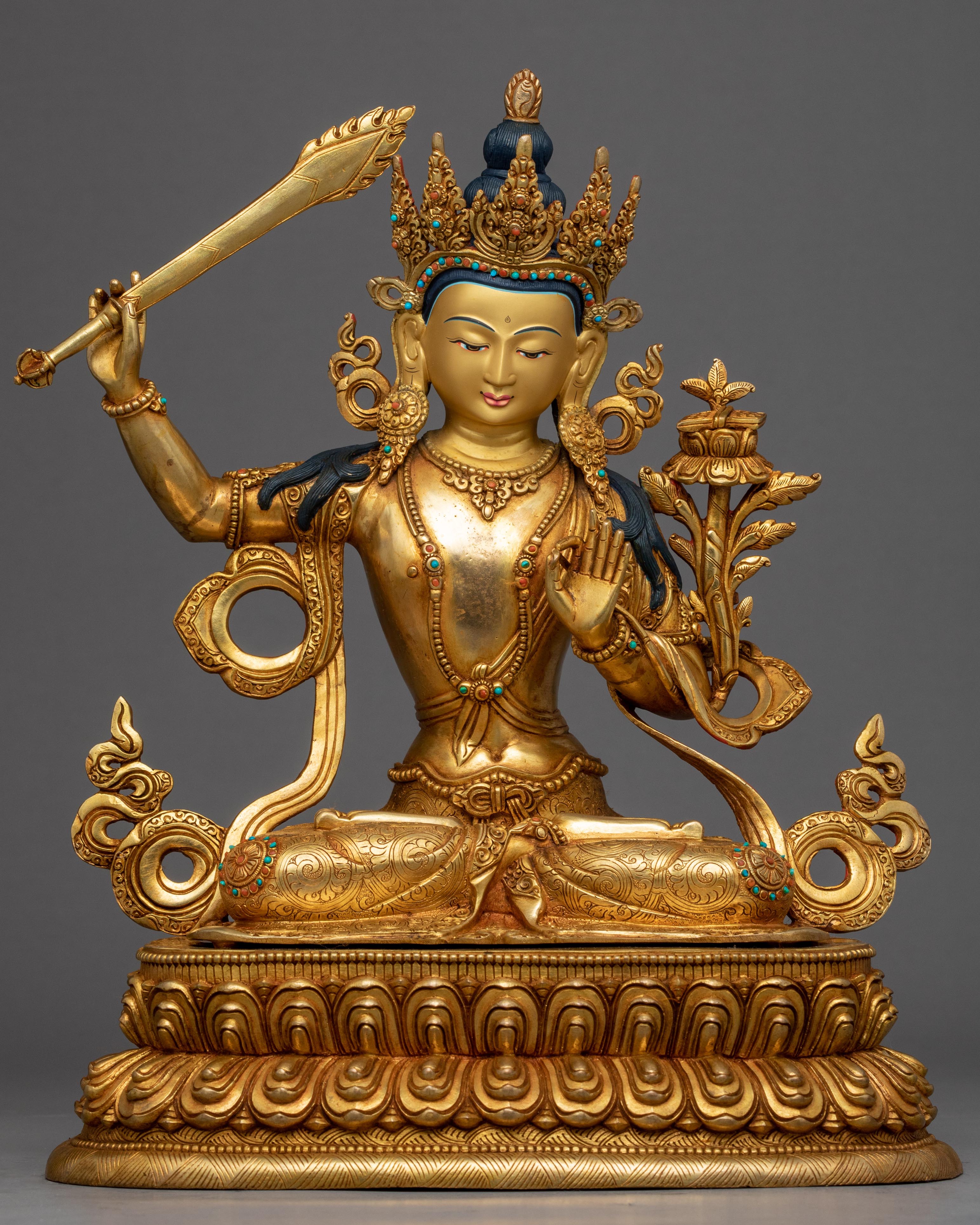 Bodhisattva Manjushri Gold Sculpture | Buddhist Wisdom Deity