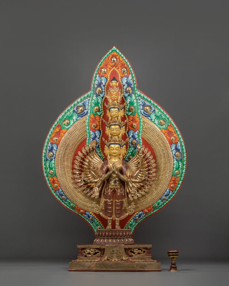 Thousand Armed Chenrezig Sculpture | 24K Gold Gilded Copper Artwork