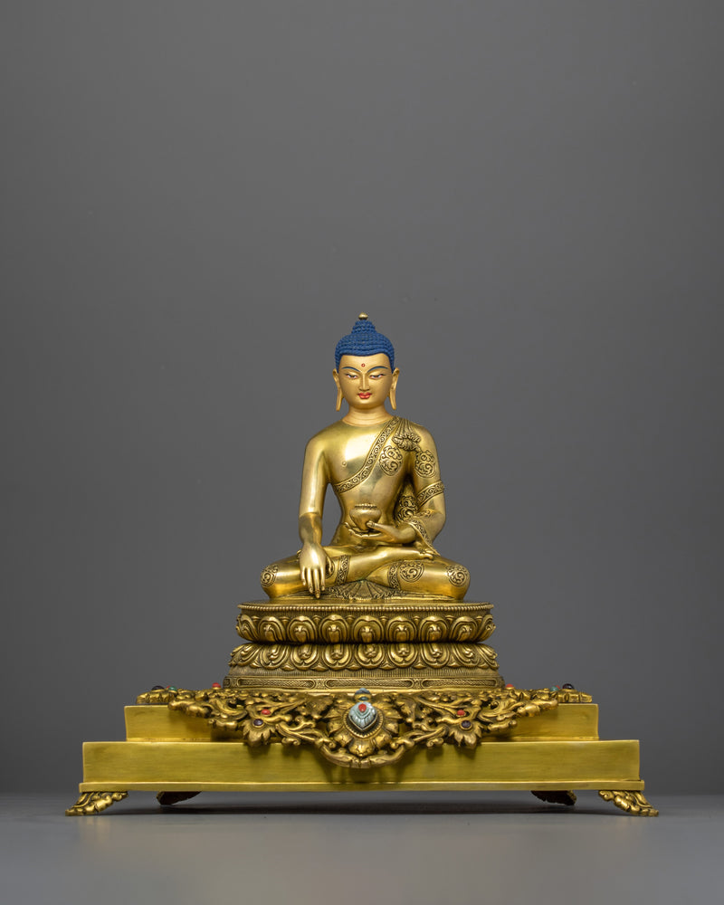 Handcarved Enlightened Shakyamuni Buddha in Throne | 24K Gold Gilded Statue