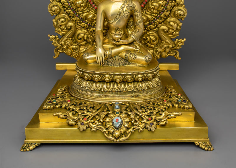 Handcarved Enlightened Shakyamuni Buddha in Throne | 24K Gold Gilded Statue