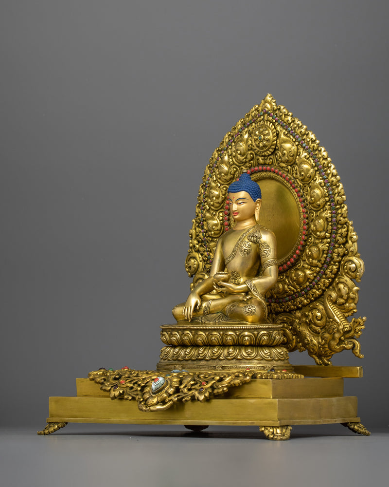 Handcarved Enlightened Shakyamuni Buddha in Throne | 24K Gold Gilded Statue