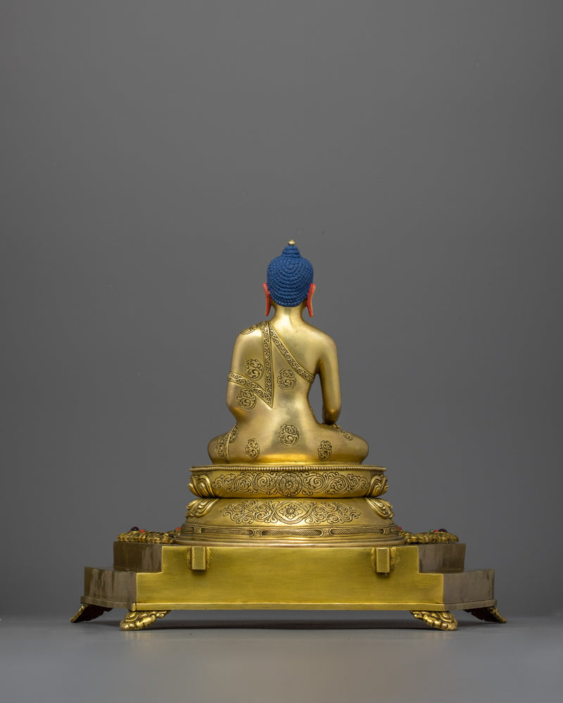 Handcarved Enlightened Shakyamuni Buddha in Throne | 24K Gold Gilded Statue