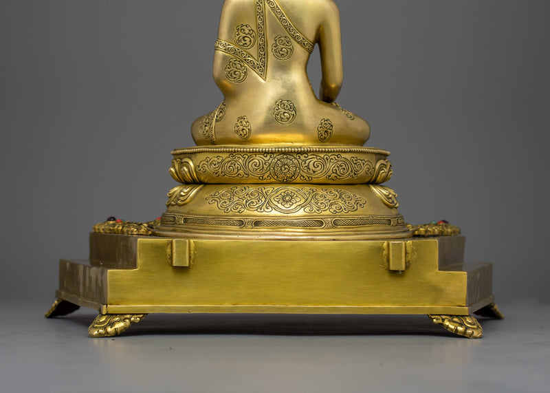 Handcarved Enlightened Shakyamuni Buddha in Throne | 24K Gold Gilded Statue