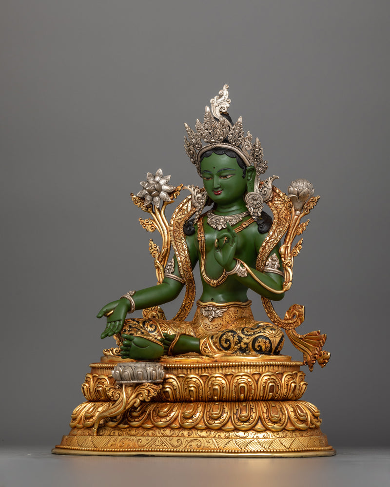 Elegant Green Tara Buddha Artwork | Handcrafted 24K Gold Gilded Statue