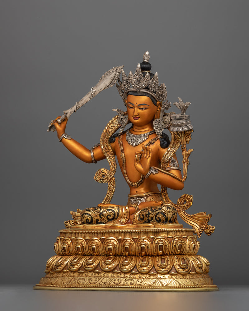 Manjushri Buddha of Knowledge Figurine | Handcrafted 24K Gold Gilded Statue