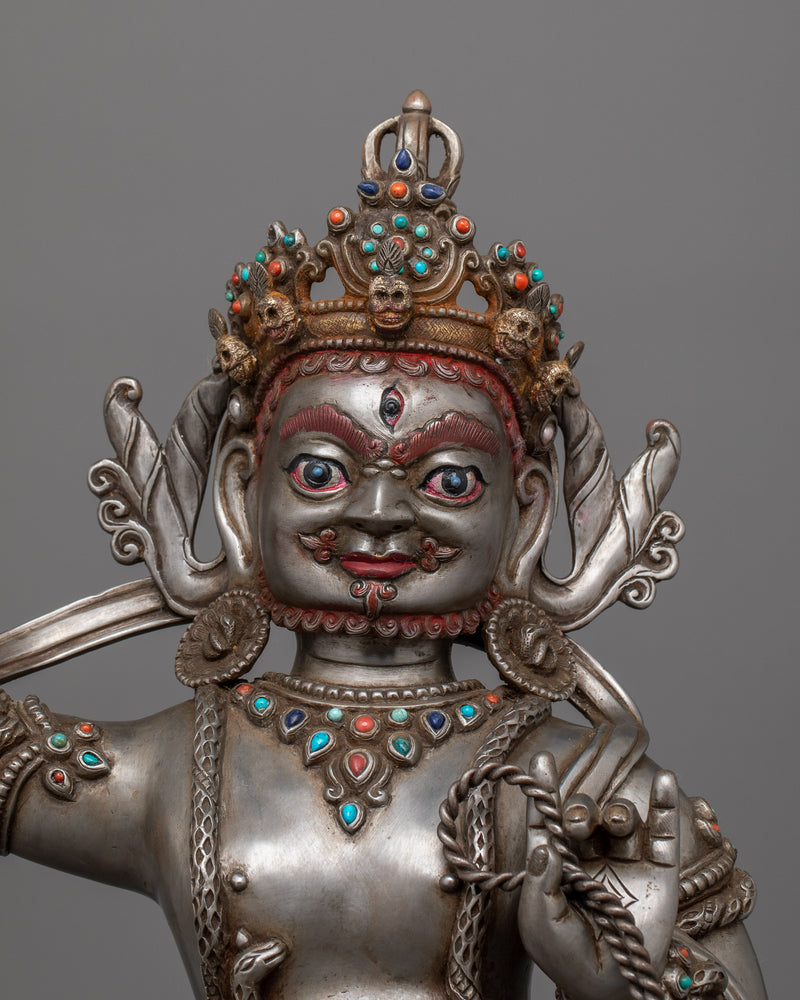 The Fierce Buddhist Protector Vajrapani Figurine | Handcrafted Gemstone Adorned Iron Art