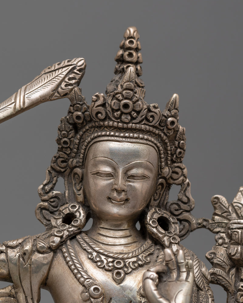 Deity of Wisdom Manjushri Bodhisattva Monument | Silver Plated Tibetan Artwork