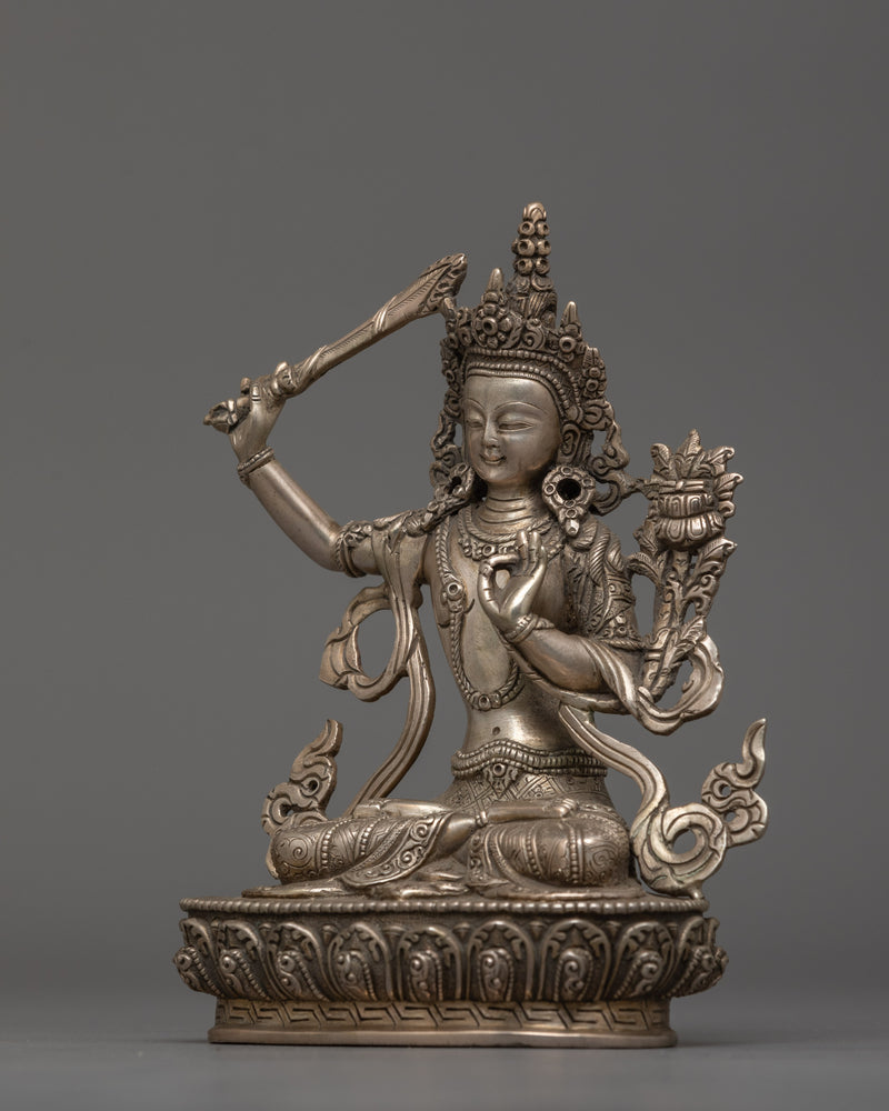 Deity of Wisdom Manjushri Bodhisattva Monument | Silver Plated Tibetan Artwork