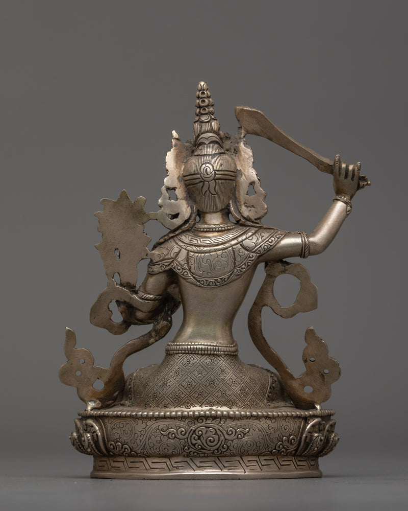 Deity of Wisdom Manjushri Bodhisattva Monument | Silver Plated Tibetan Artwork