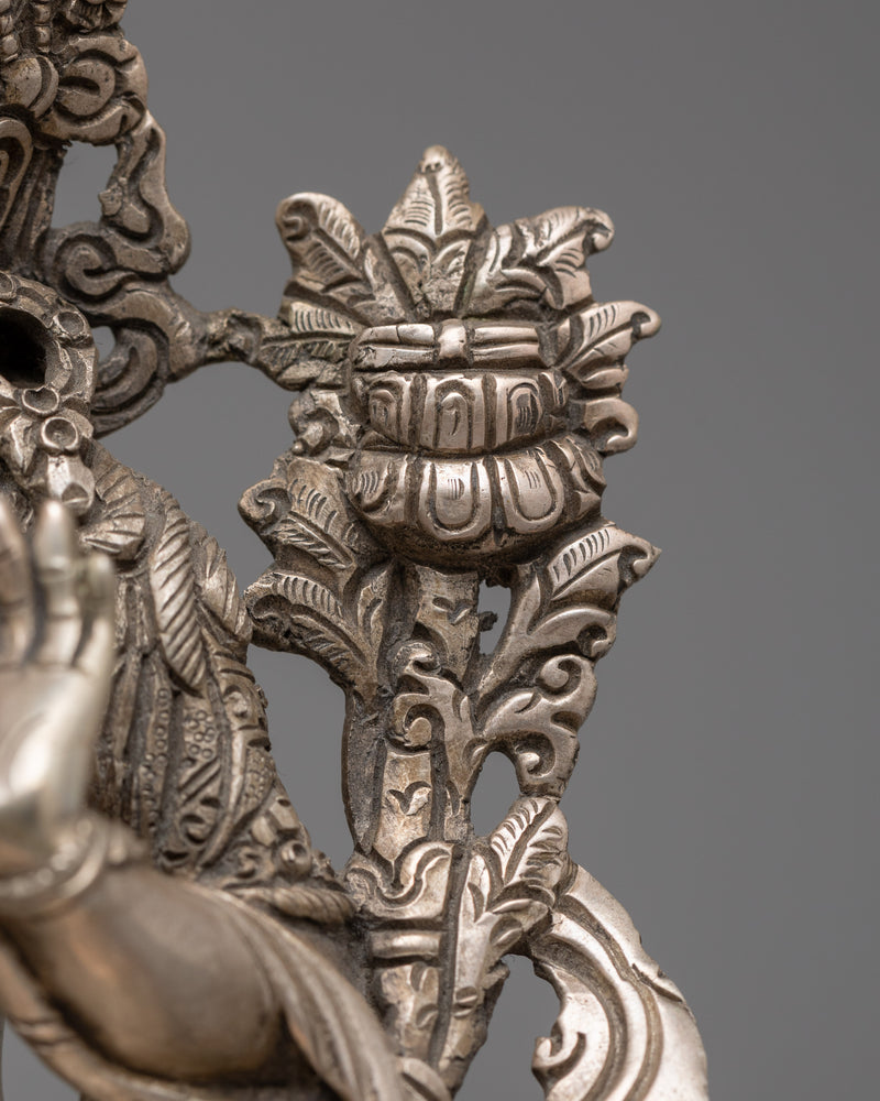 Deity of Wisdom Manjushri Bodhisattva Monument | Silver Plated Tibetan Artwork