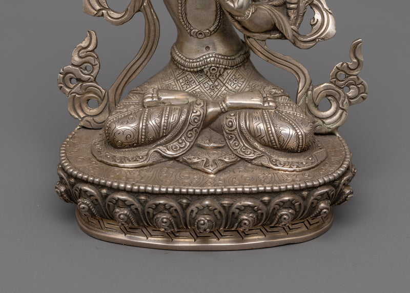 Deity of Wisdom Manjushri Bodhisattva Monument | Silver Plated Tibetan Artwork