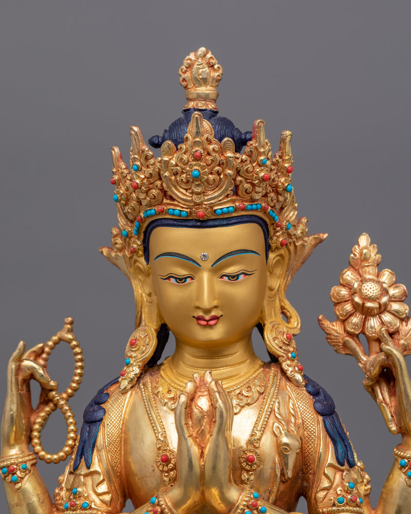 24K Gold Peaceful Figurine of Chenresig | Cultivation of Compassion