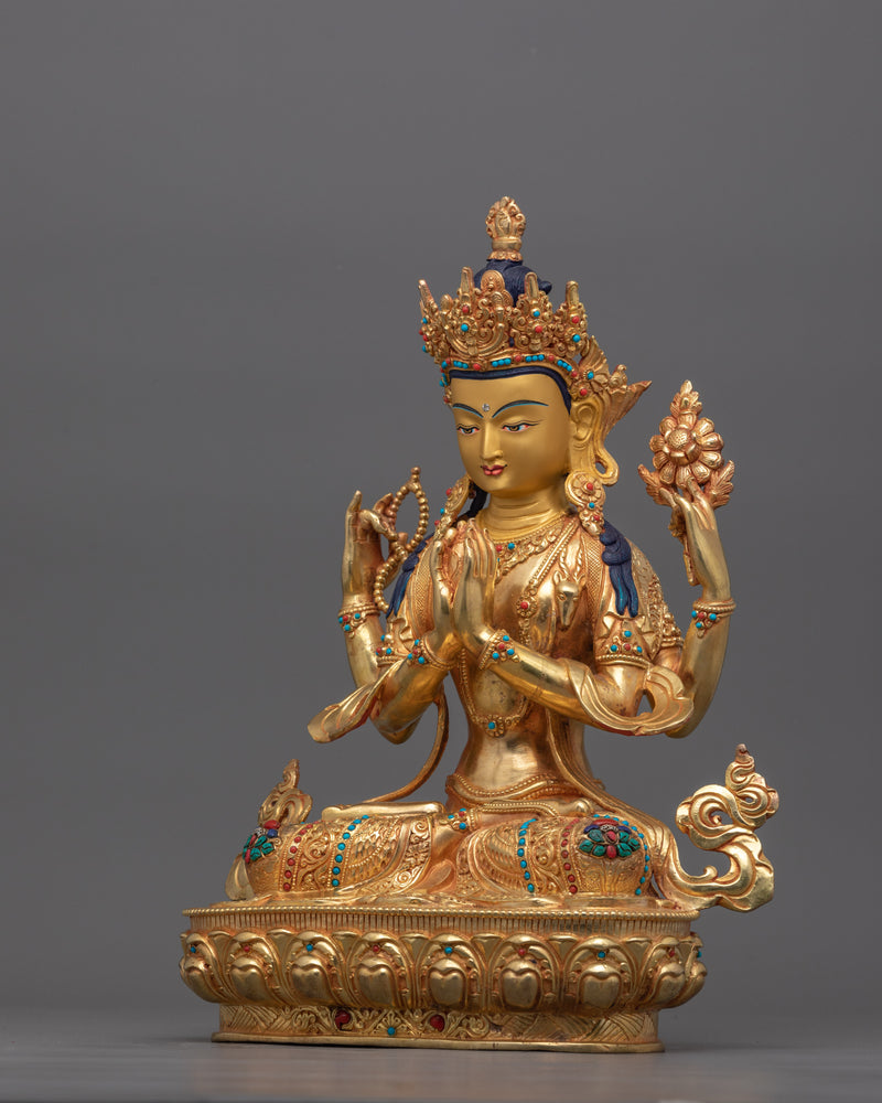 24K Gold Peaceful Figurine of Chenresig | Cultivation of Compassion