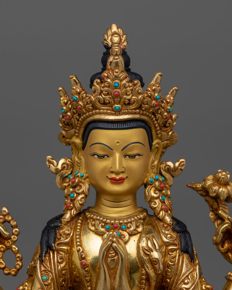 24K Gold Chenrezig Tranquil Sculpture | Embodiment of Compassion