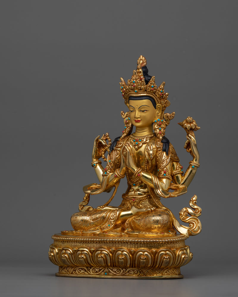 24K Gold Chenrezig Tranquil Sculpture | Embodiment of Compassion