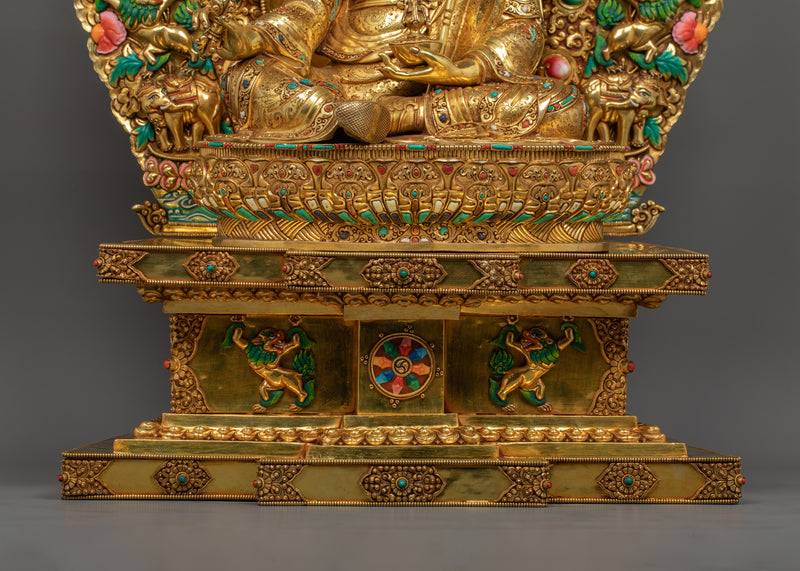 Traditionally Hand-crafted Guru Rinpoche with Two Consorts Sculpture | Tibetan Master