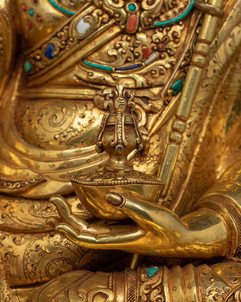 Traditionally Hand-crafted Guru Rinpoche with Two Consorts Sculpture | Tibetan Master