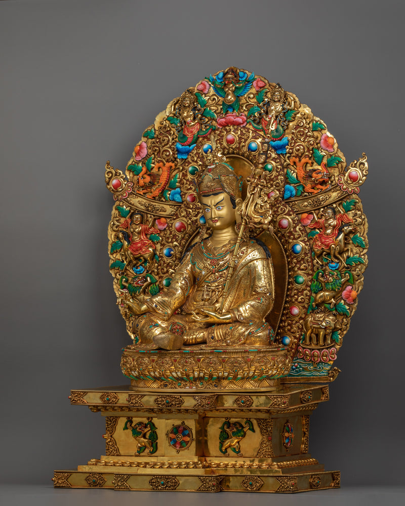 Traditionally Hand-crafted Guru Rinpoche with Two Consorts Sculpture | Tibetan Master