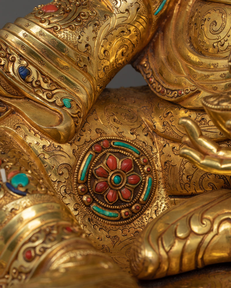 Traditionally Hand-crafted Guru Rinpoche with Two Consorts Sculpture | Tibetan Master