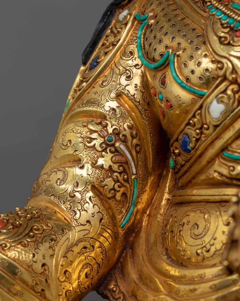 Traditionally Hand-crafted Guru Rinpoche with Two Consorts Sculpture | Tibetan Master