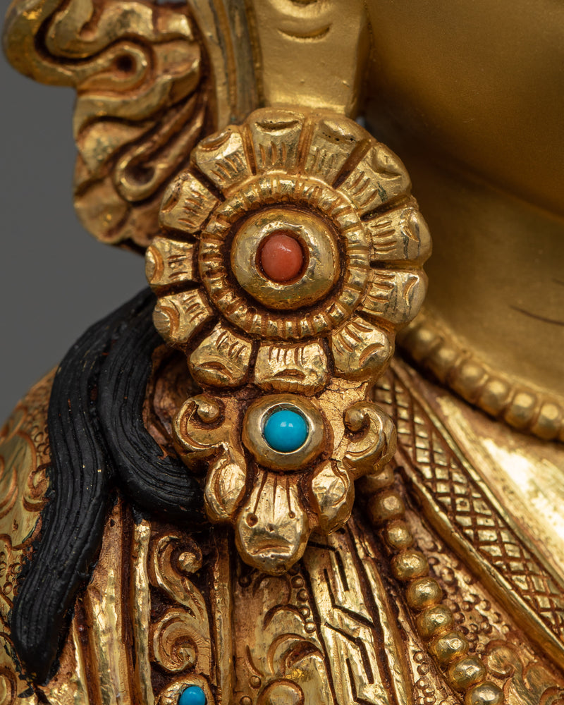 Traditionally Hand-crafted Guru Rinpoche with Two Consorts Sculpture | Tibetan Master