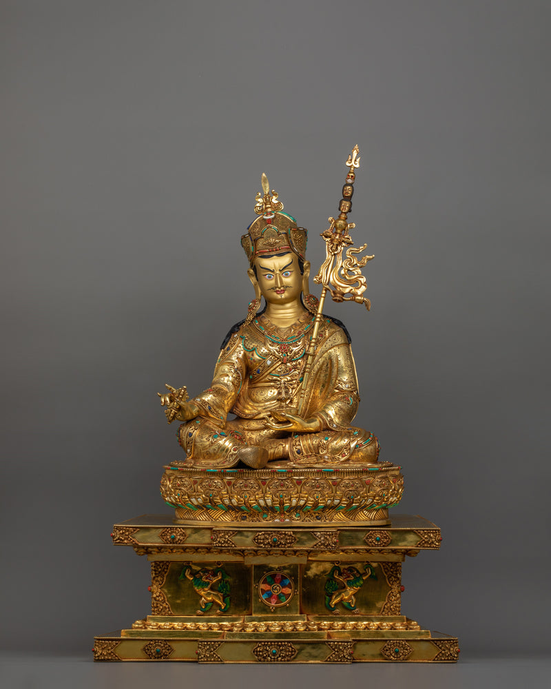 Traditionally Hand-crafted Guru Rinpoche with Two Consorts Sculpture | Tibetan Master