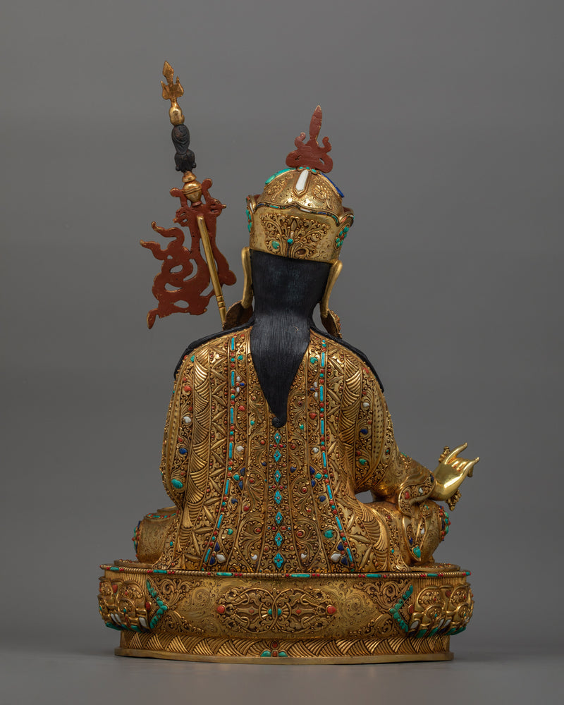 Traditionally Hand-crafted Guru Rinpoche with Two Consorts Sculpture | Tibetan Master