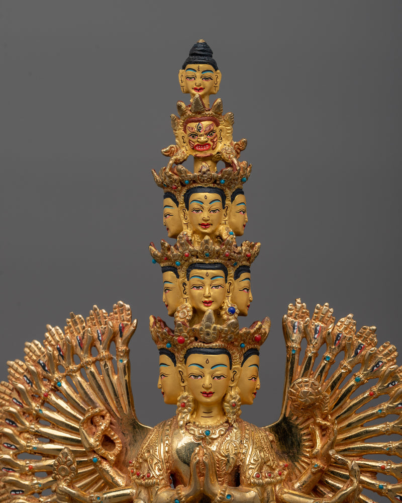 Handcrafted 1000-Armed Chenrezig Statue | 14.6” 24K Gold Gilded Sculpture