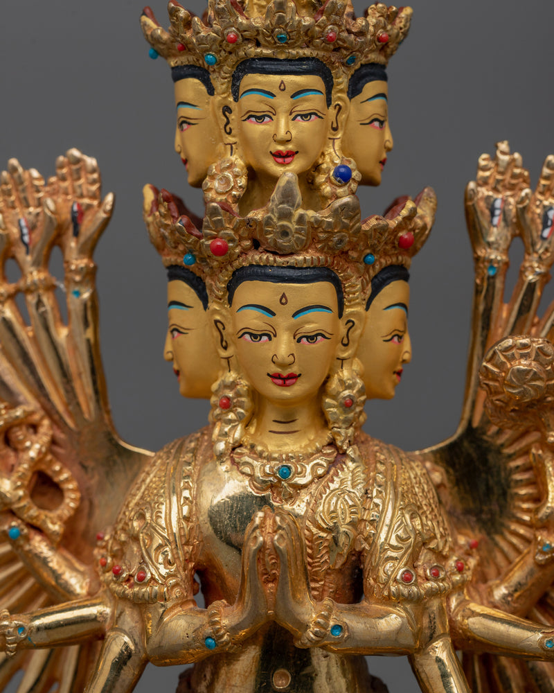 Handcrafted 1000-Armed Chenrezig Statue | 14.6” 24K Gold Gilded Sculpture