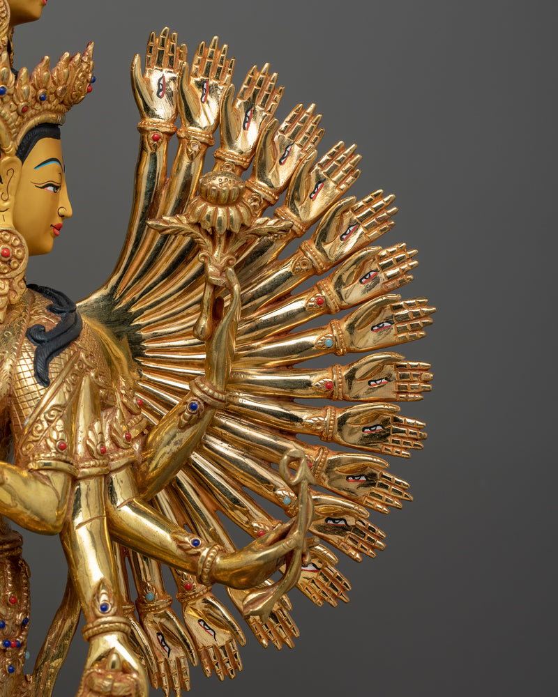 One Thousand Armed Chenrezig Statue | 32.1” 24K Gold Gilded Copper Artwork