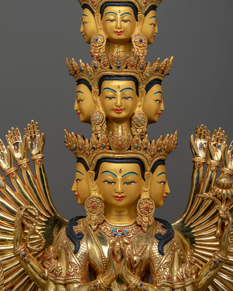 One Thousand Armed Chenrezig Statue | 32.1” 24K Gold Gilded Copper Artwork