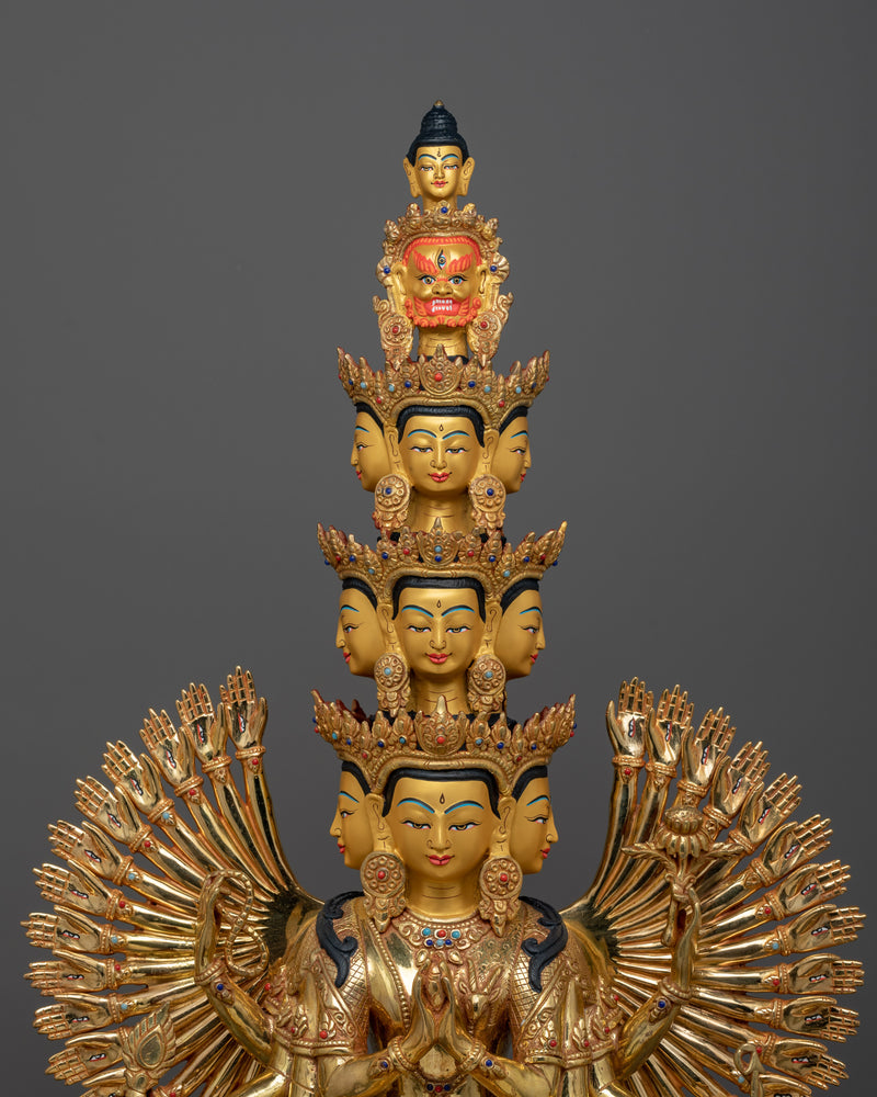 One Thousand Armed Chenrezig Statue | 32.1” 24K Gold Gilded Copper Artwork