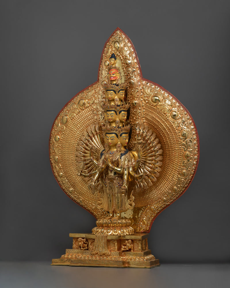 One Thousand Armed Chenrezig Statue | 32.1” 24K Gold Gilded Copper Artwork