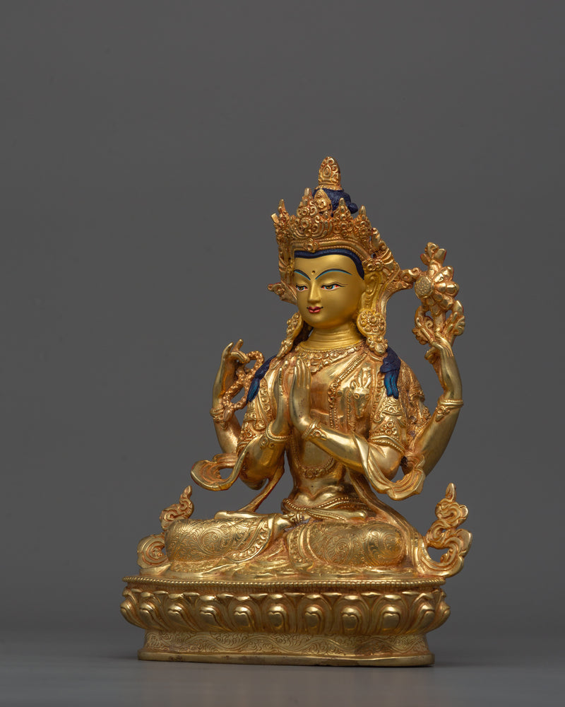 24K Gold Bodhisattva Deity Chenresig Statue | Tranquil Bodhisattva