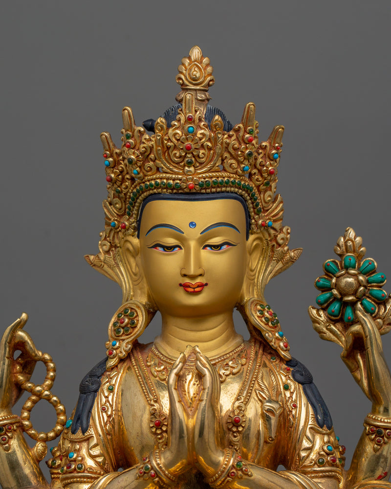 Gold Chenrezig Handmade Statue | Compassionate Boddhisattva Deity