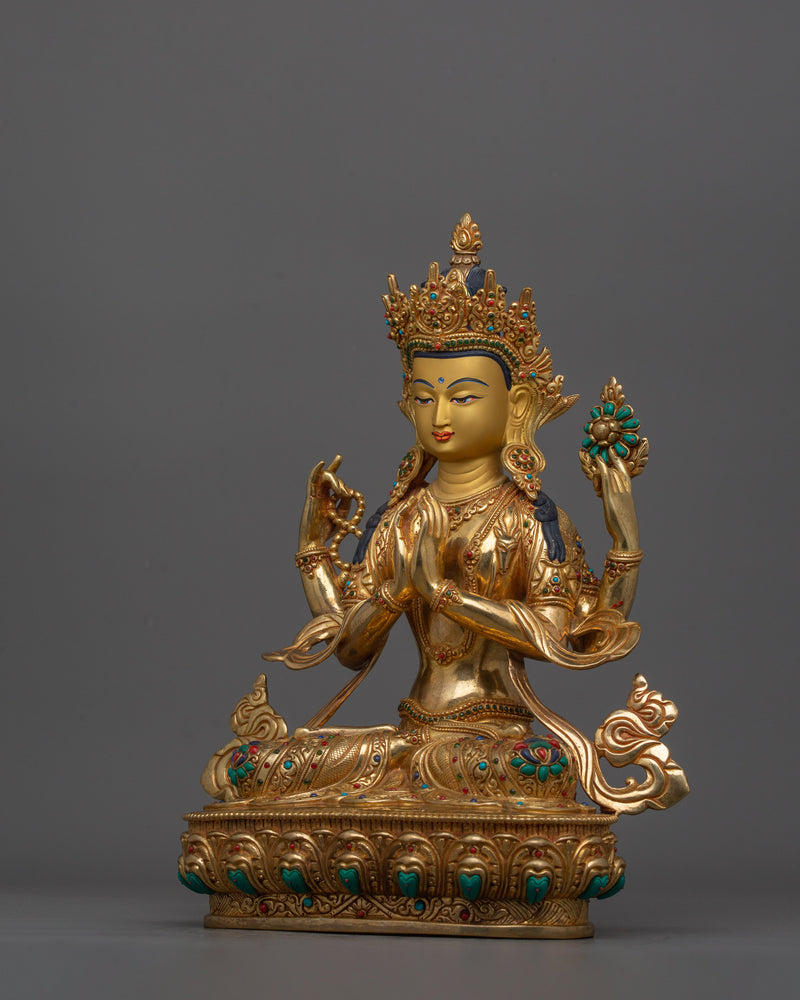 Gold Chenrezig Handmade Statue | Compassionate Boddhisattva Deity