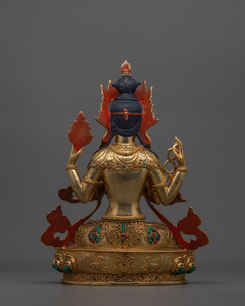 Gold Chenrezig Handmade Statue | Compassionate Boddhisattva Deity