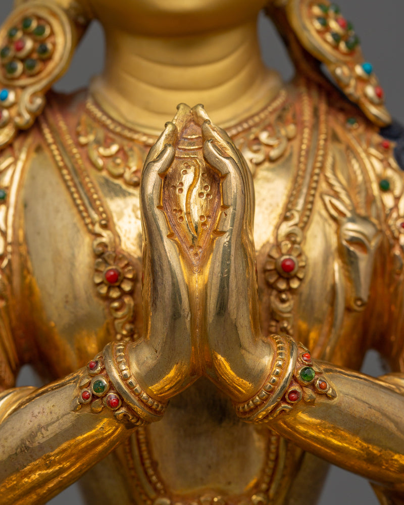 Gold Chenrezig Handmade Statue | Compassionate Boddhisattva Deity