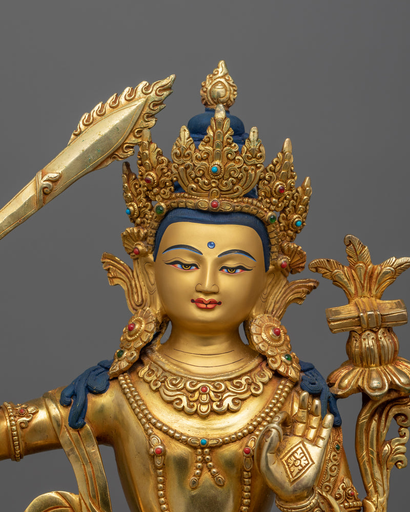 Wisdom Deity Simhanada Manjushri Statue on a Lion | Handmade in Nepal