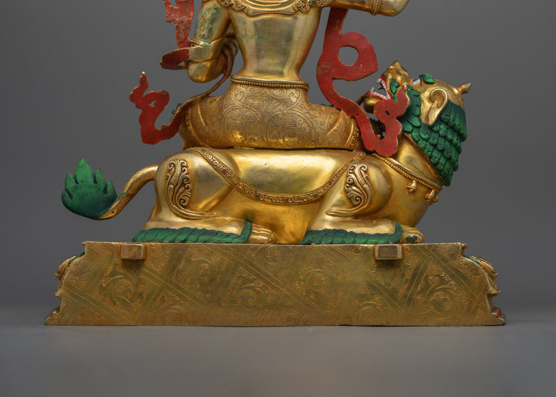 Wisdom Deity Simhanada Manjushri Statue on a Lion | Handmade in Nepal