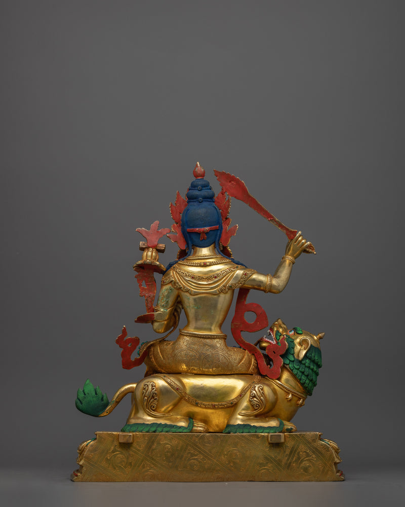 Wisdom Deity Simhanada Manjushri Statue on a Lion | Handmade in Nepal