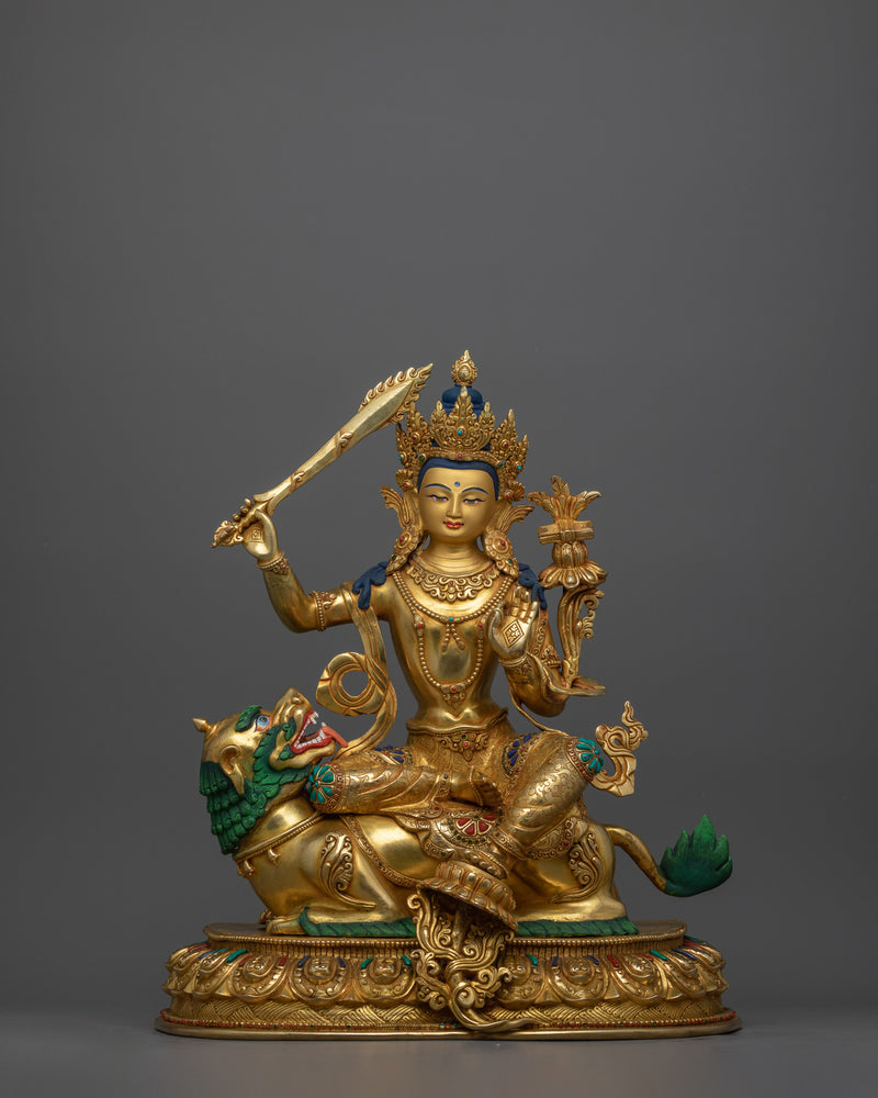 Wisdom Deity Simhanada Manjushri Statue on a Lion | Handmade in Nepal