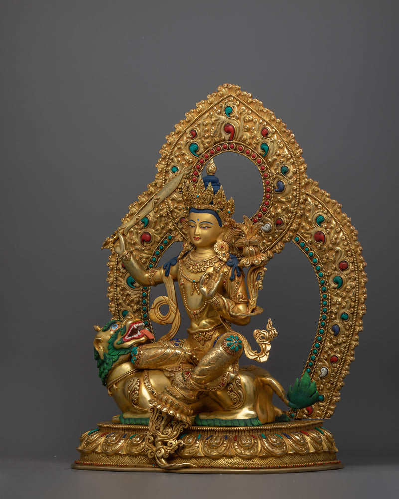 Wisdom Deity Simhanada Manjushri Statue on a Lion | Handmade in Nepal