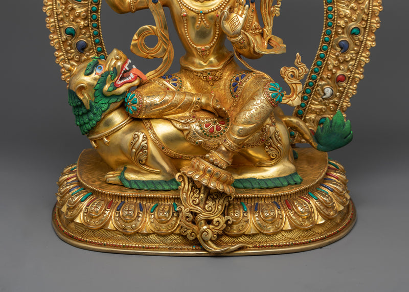 Wisdom Deity Simhanada Manjushri Statue on a Lion | Handmade in Nepal