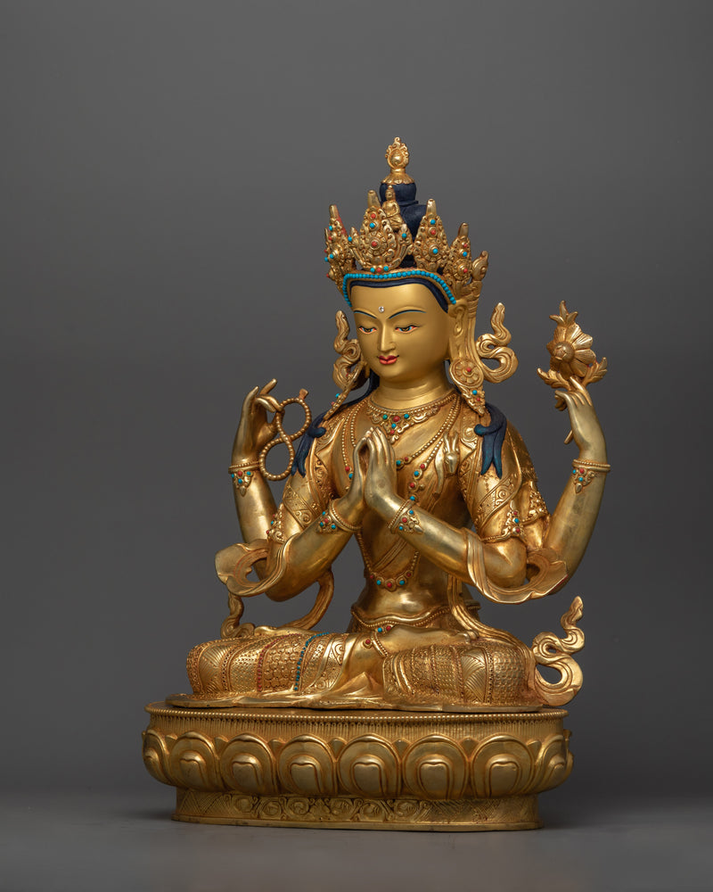 Tibetan four-Armed Buddhist Chenrezig Statue | Bodhisattva Deity of Compassion