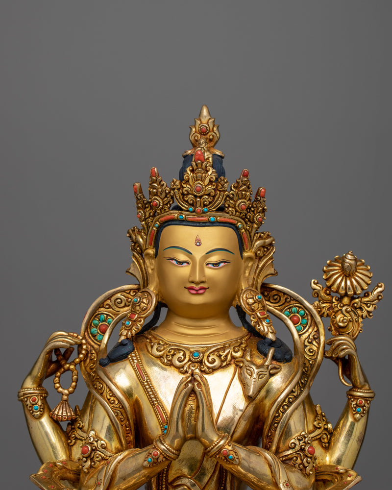 Exquisite Chenrezig Gold Statue | The embodiment of Compassion