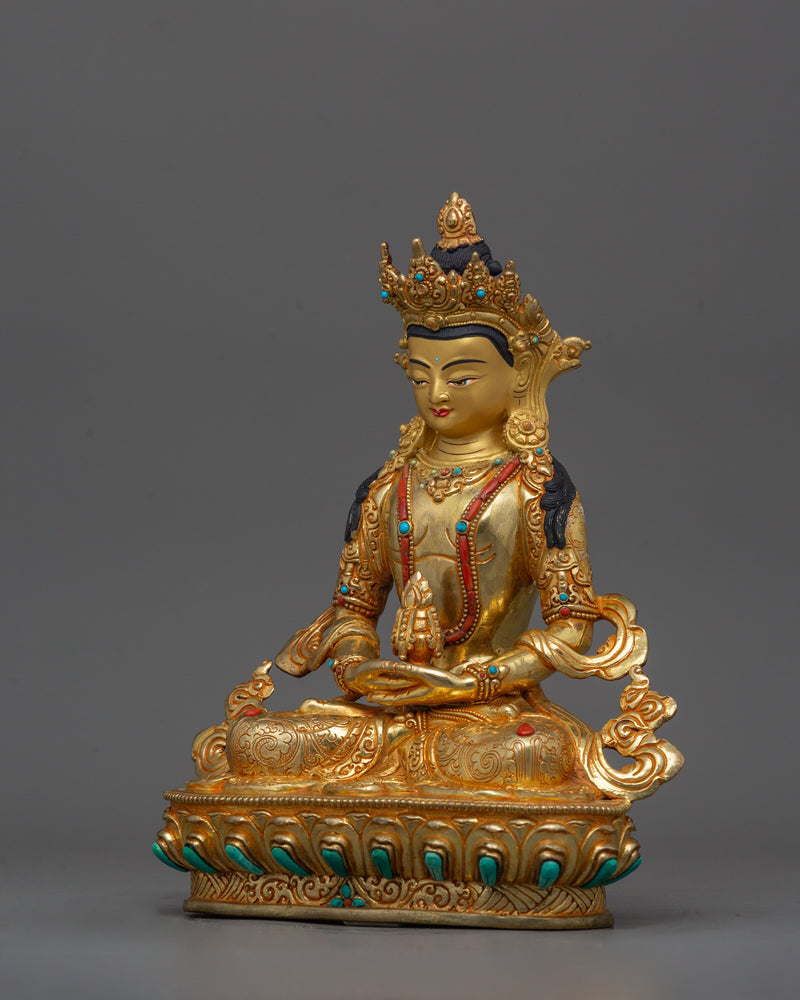 Buddhist Amitayus Long Life deity Statue | Gold Gilded Traditional Himalayan Art