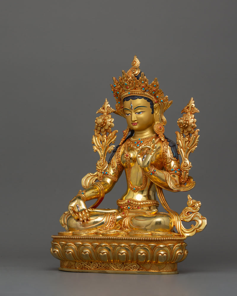 White Tara Buddhist Goddess Statue | 24k Gold Gilded Nepali Art