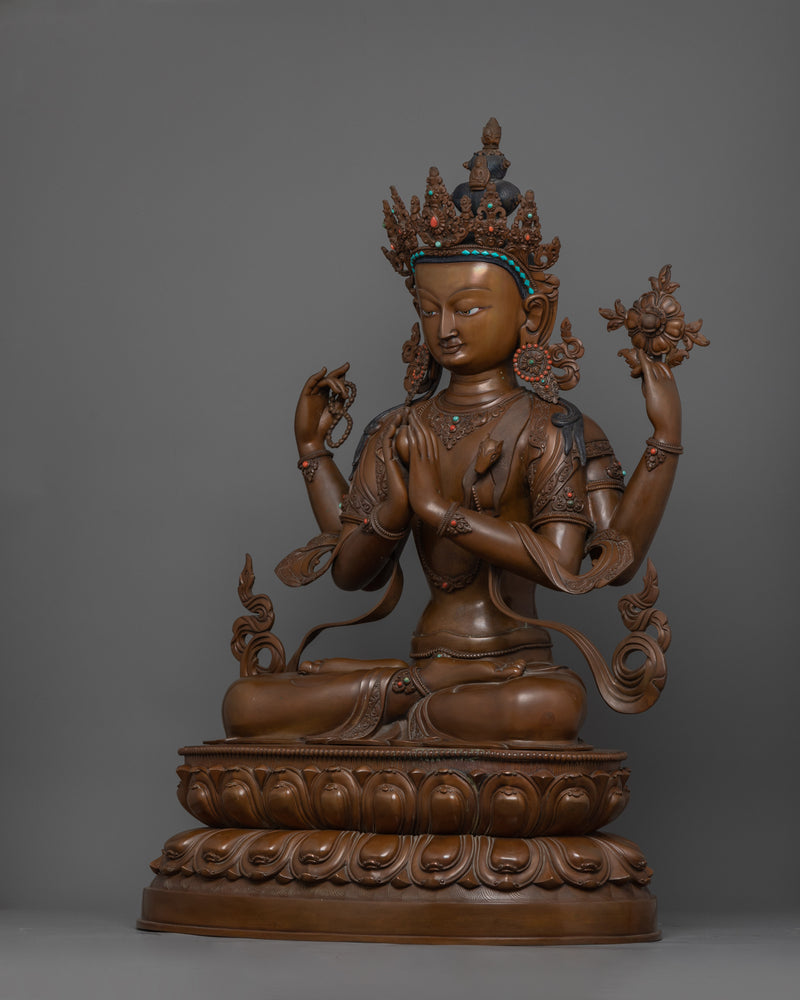 Tibetan Four-Armed Chenrezig Handcrafted Oxidized Copper Figurine | Compassion and Serenity